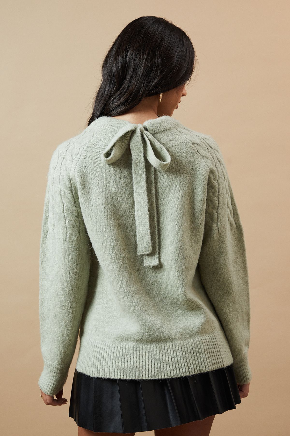 Oasis Cable Yolk Raglan Jumper With Satin Tie Back Bow Sage image 3