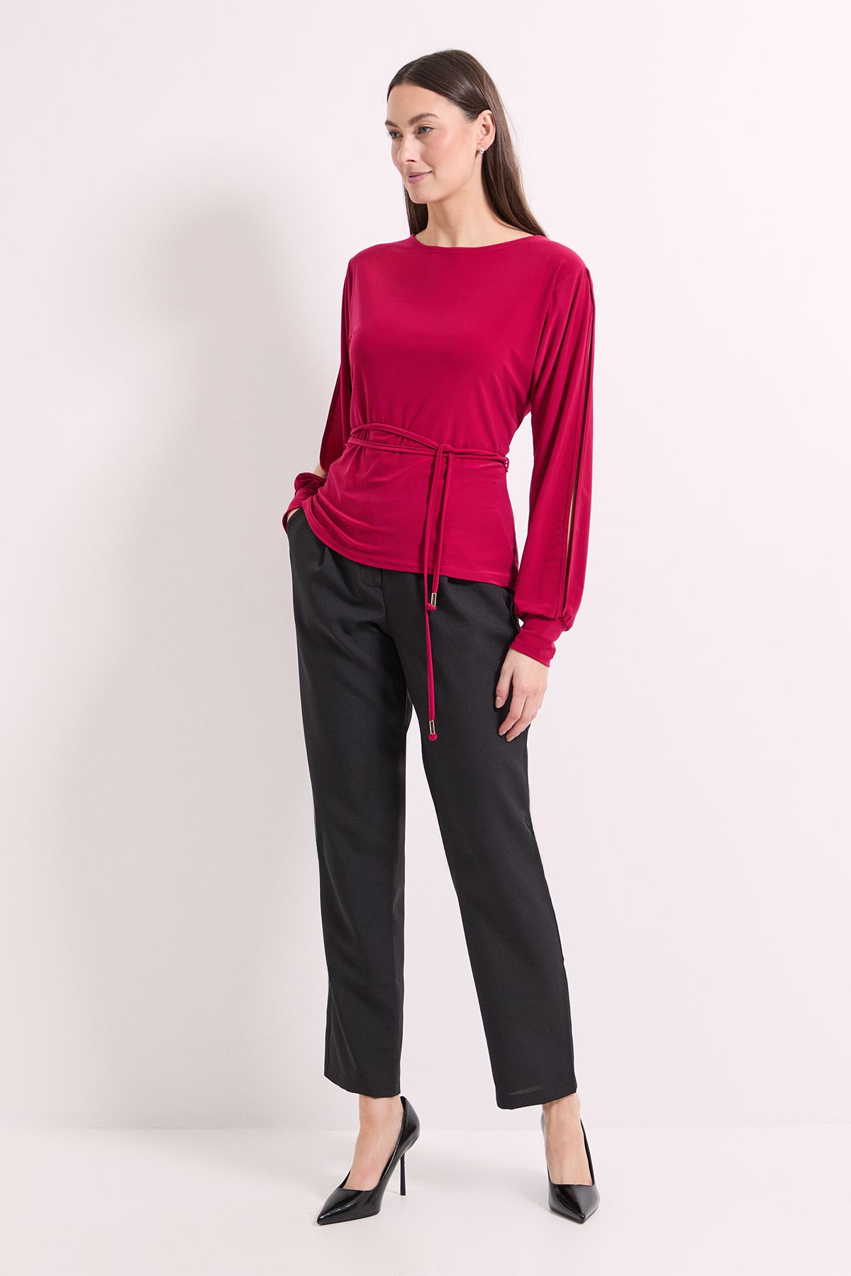 Principles Berry Tie Waist Split Shoulder Jersey Top Berry image 2