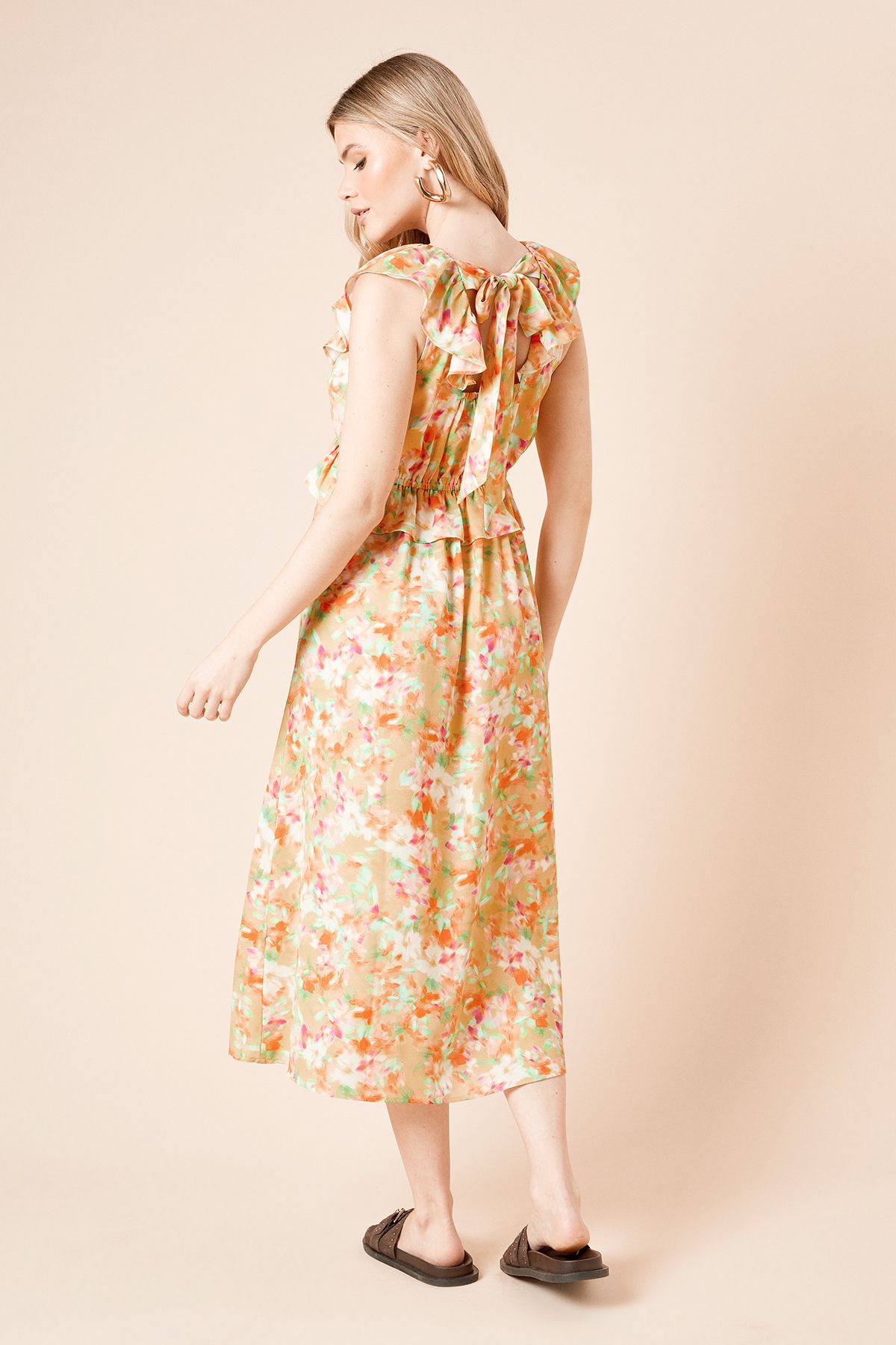 Dorothy Perkins Floral Frill Neckline Tie Back Midi Dress Floral image 4