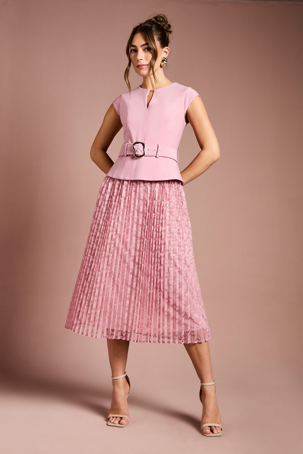 Coast Crepe Bodice Belted Lace Pleated Midi Dress Antique Rose