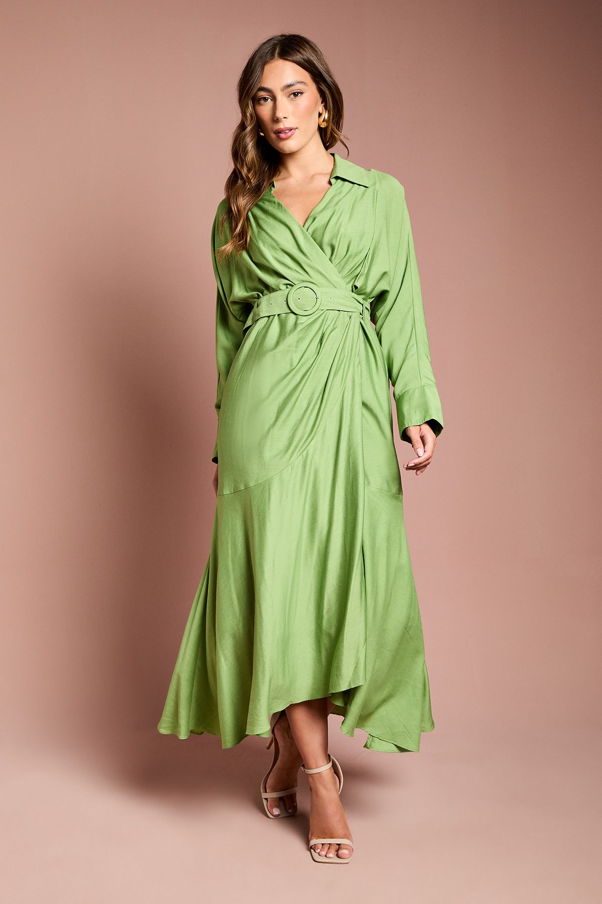 Coast Twill Long Sleeve Wrap Dress With Belt Green image 1