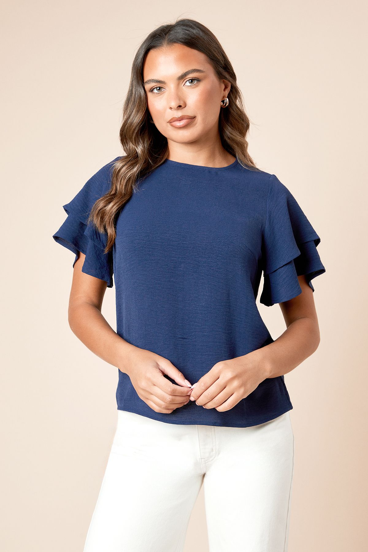 Dorothy Perkins Frill Sleeve Crew neck T-Shirt Navy image 3