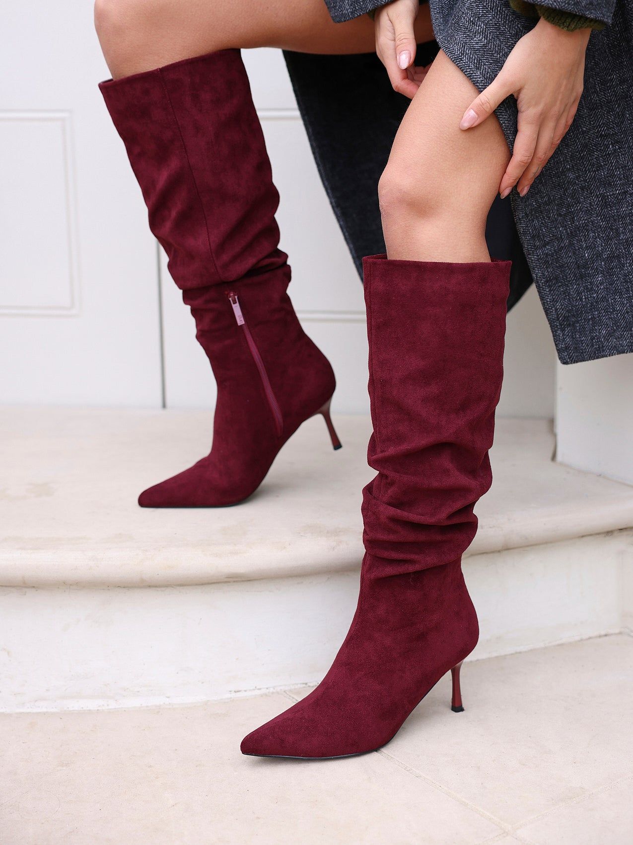 Linzi Rosenna Burgundy Faux Suede Ruched High Leg Heeled Boot image 2