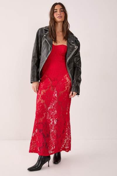 NastyGal Lace Bandeau Sheer Maxi Dress Red