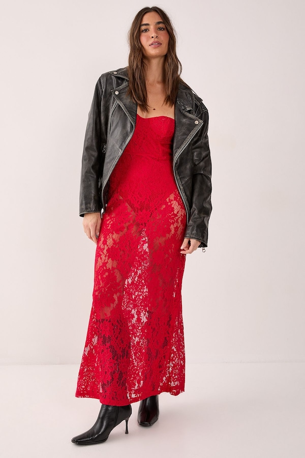NastyGal Lace Bandeau Sheer Maxi Dress Red