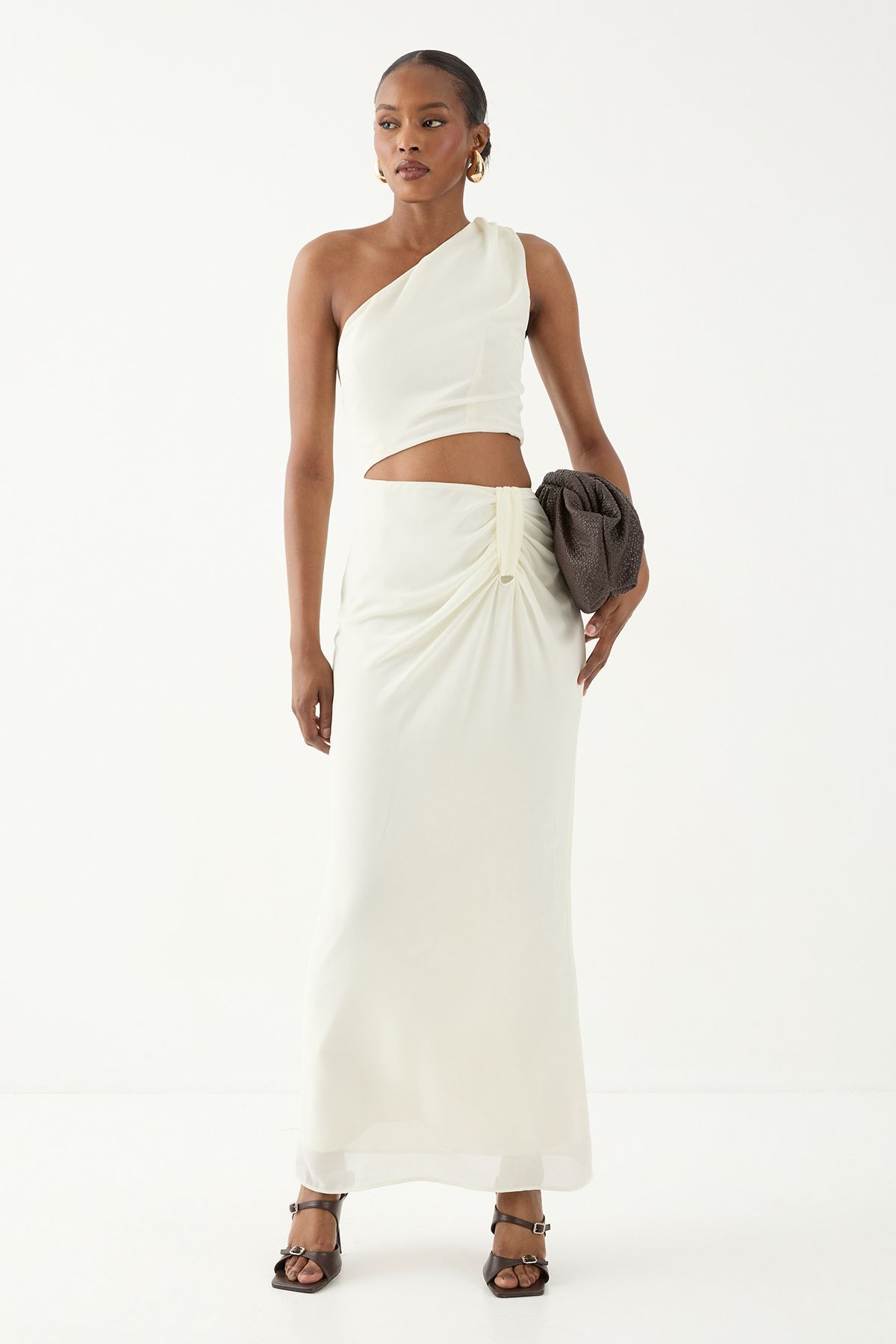 MissPap Asymmetric Shoulder Cut Out Ruched Maxi Dress Butter image 1