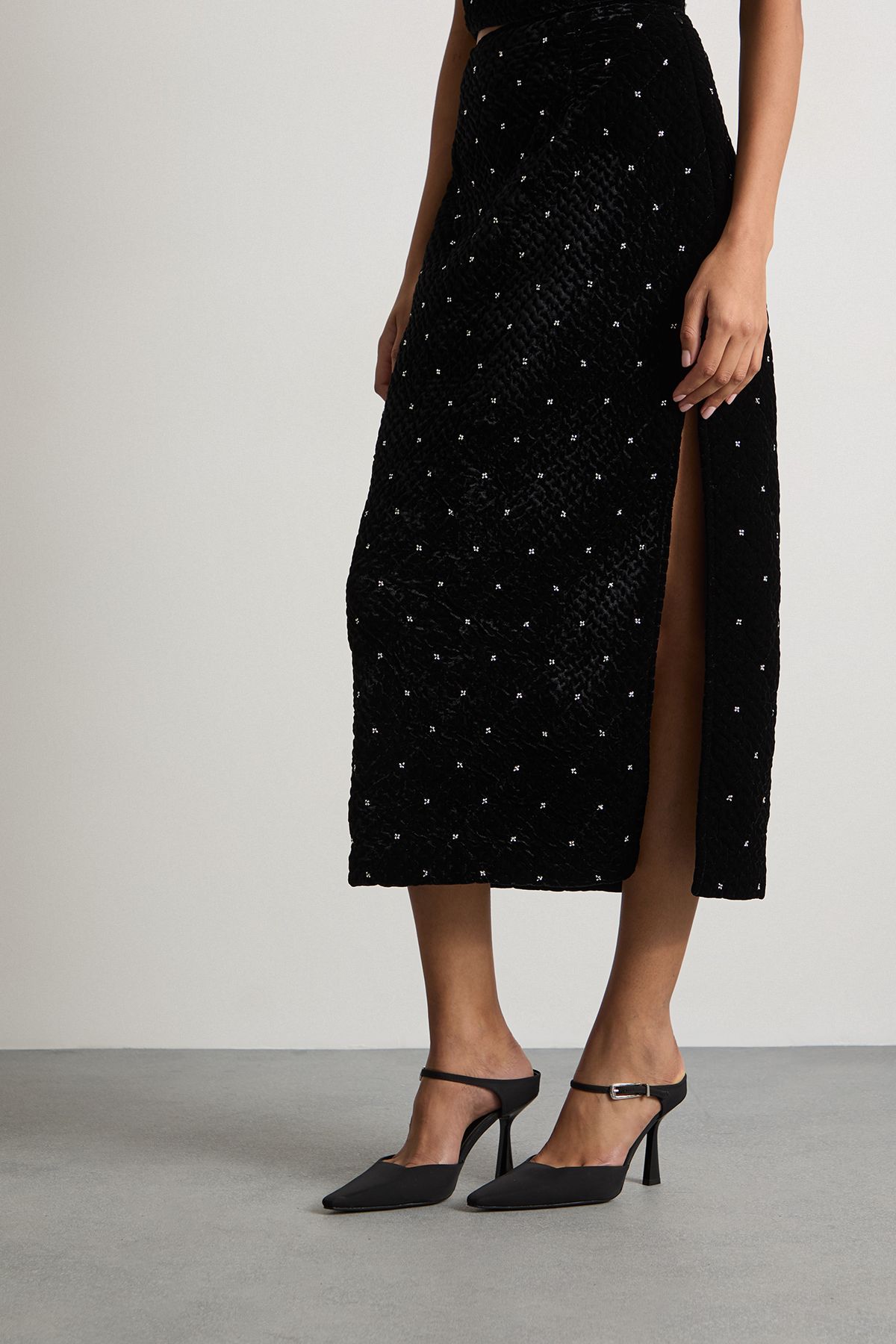 Warehouse Velvet Embellished Pencil Midi Skirt Black image 2