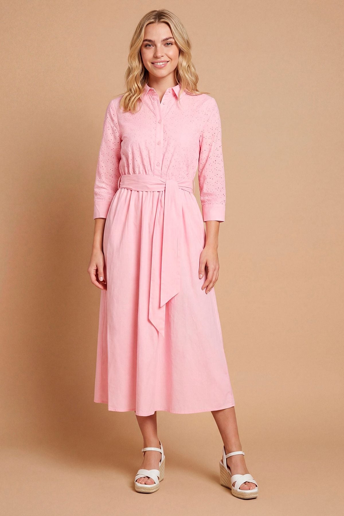 Dorothy Perkins Contrast Broderie Belted Shirt Midi Dress Pink