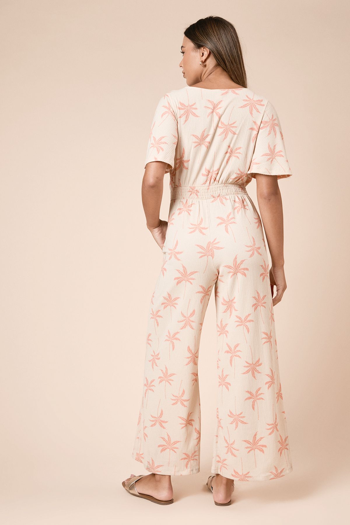 Dorothy Perkins Cream Palm Wrap Front Angel Sleeve Jersey Jumpsuit Cream image 4