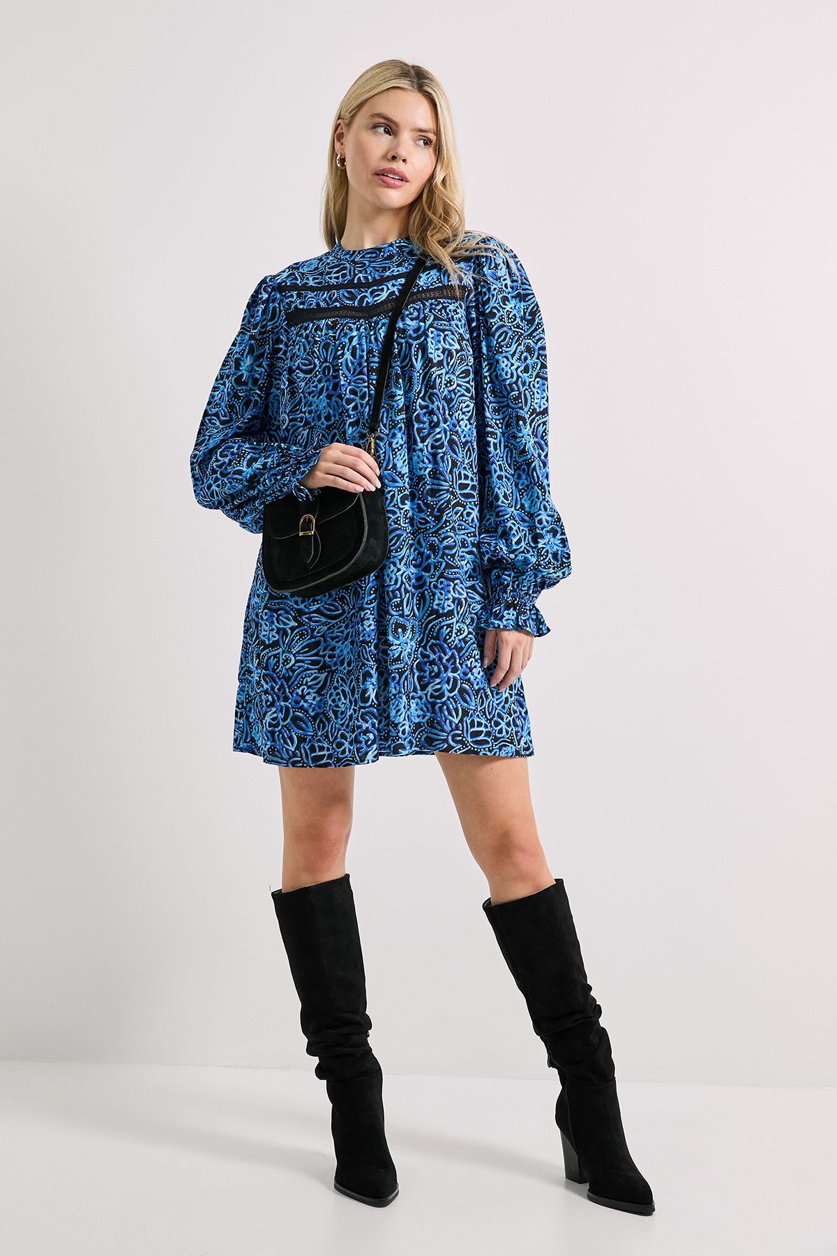 Dorothy Perkins Lace Blue Floral Detail Printed Boho Mini Dress Blue image 1