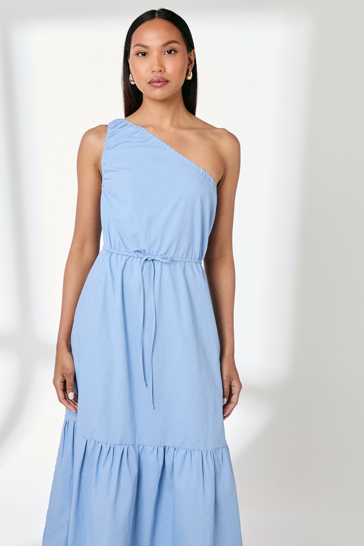 Principles One Shoulder Tiered Linen Mix Midaxi Dress Blue image 2