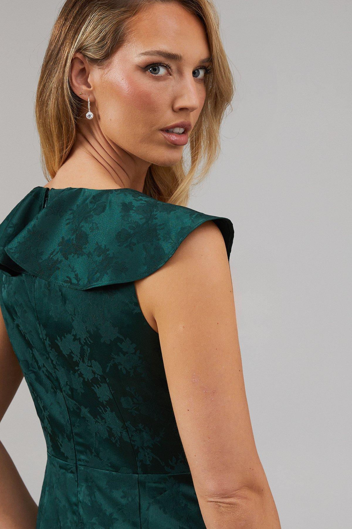 Oasis Satin Jacquard Ruffle V Neck Bridesmaids Dress Emerald image 4