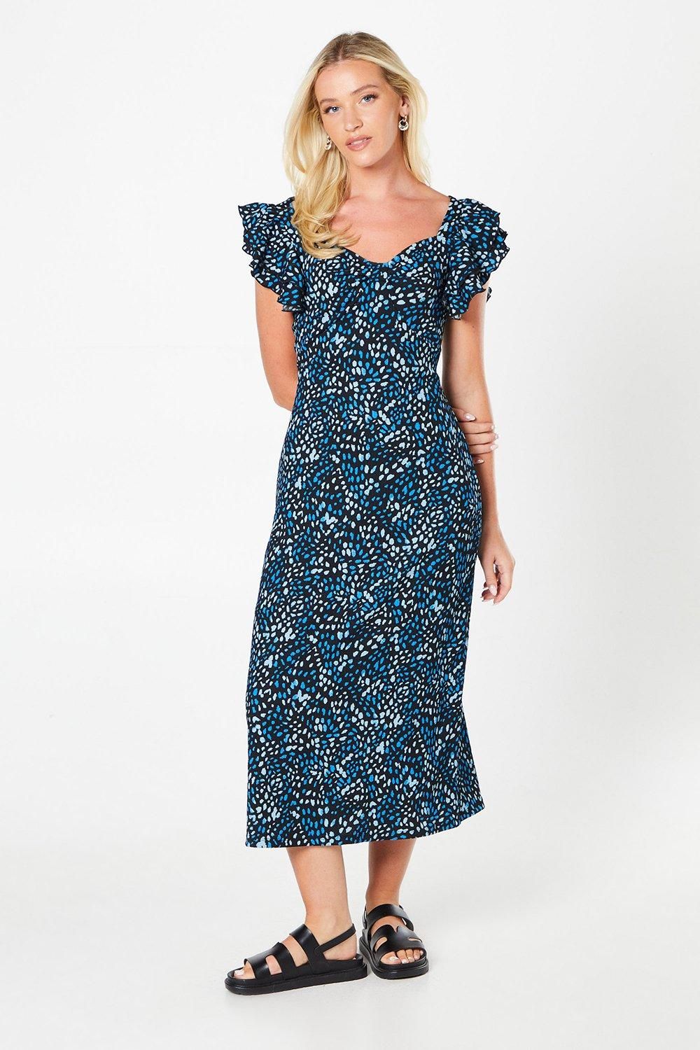 Dorothy Perkins Animal Ruffle Sleeve Midi Dress Black image 1