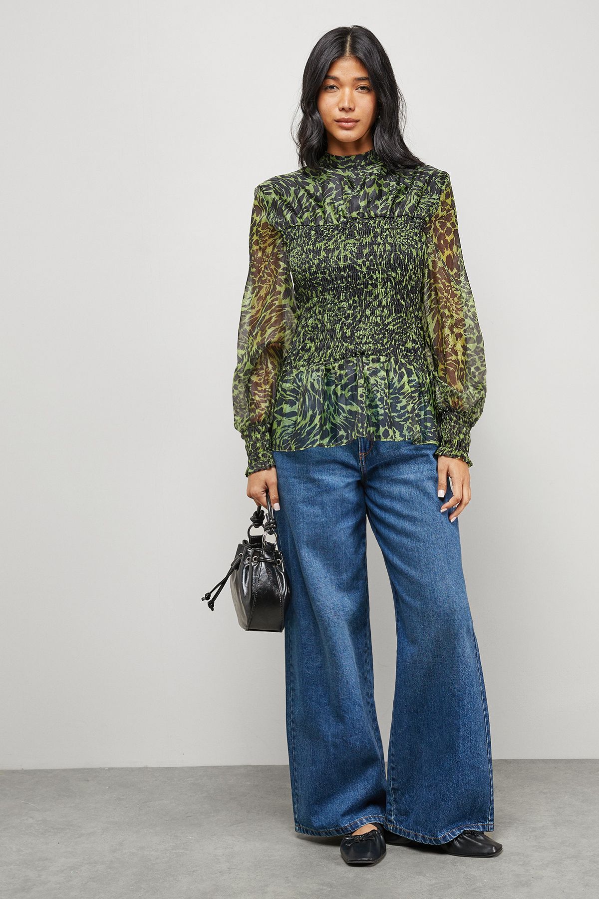 Warehouse Animal Organza Shirring Blouson Sleeve Shirt Lime image 2