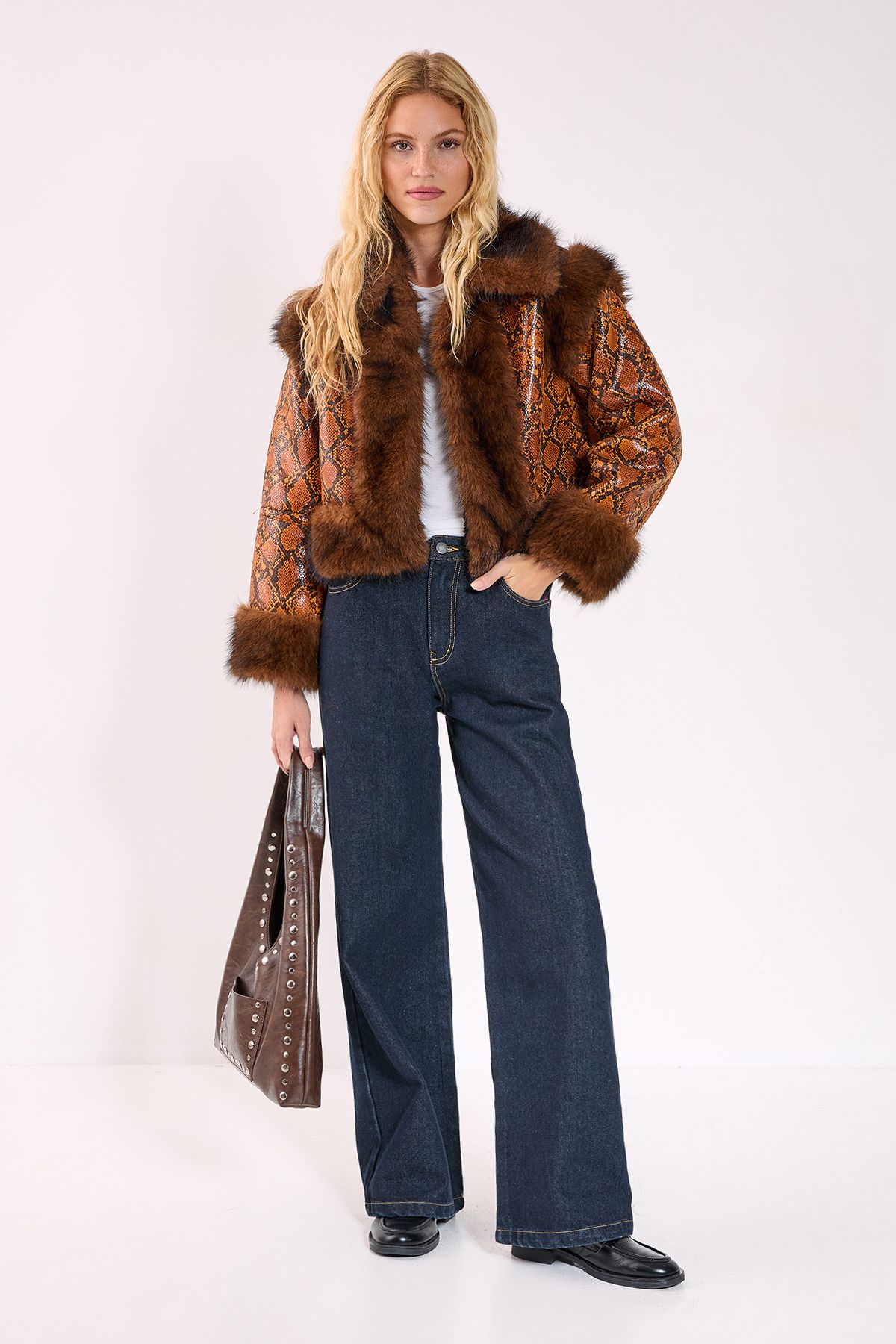 NastyGal Snake Animal Vinyl Faux Leather Fur Trim Jacket Brown image 2