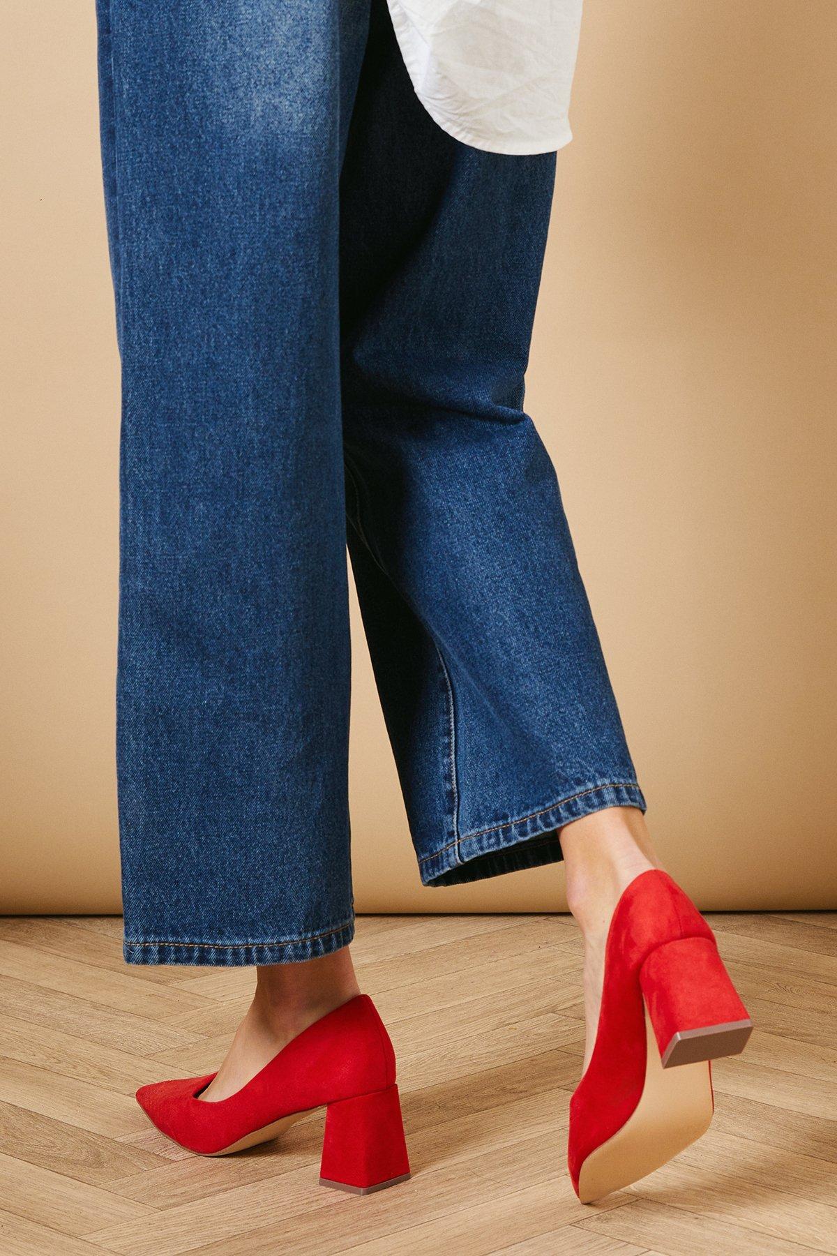 Oasis Vern Faux Suede Pointed Block Court Shoes Red image 4