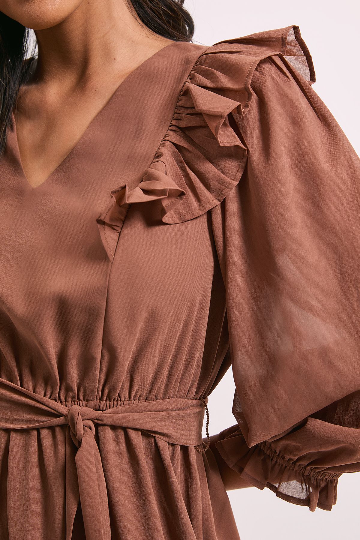 Dorothy Perkins Blouson Sleeve Frill Midi Dress Mocha image 5