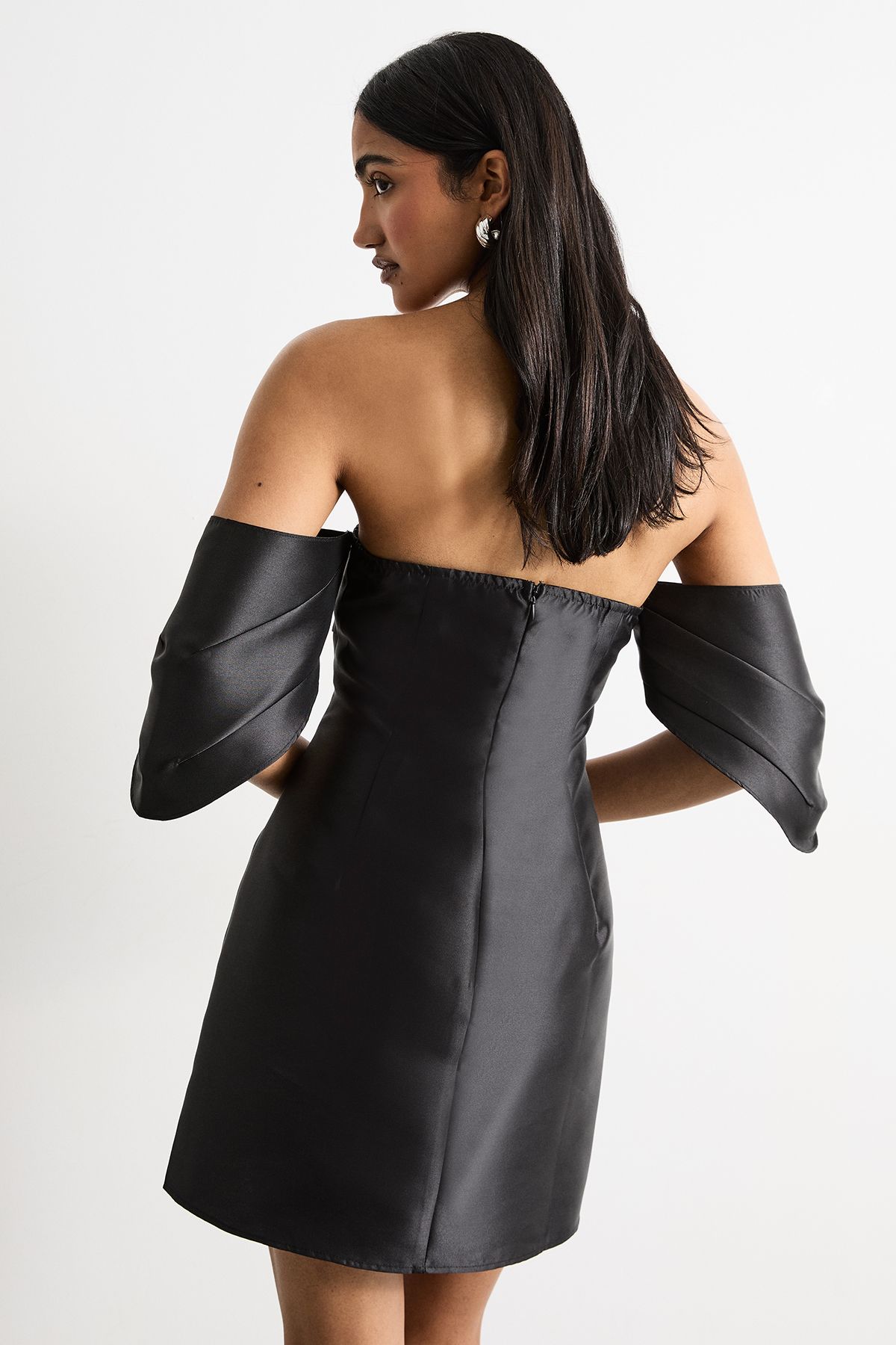 Warehouse Structured Puff Sleeve Bardot Mini Dress Black image 3