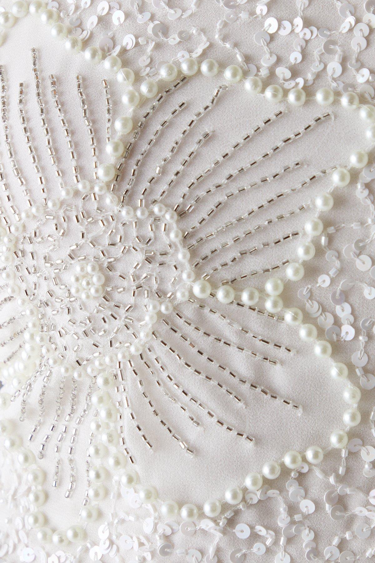 Warehouse Hen Premium Hand Embellished Sequin Flower Fringe Hem Midi Dress Ivory image 5