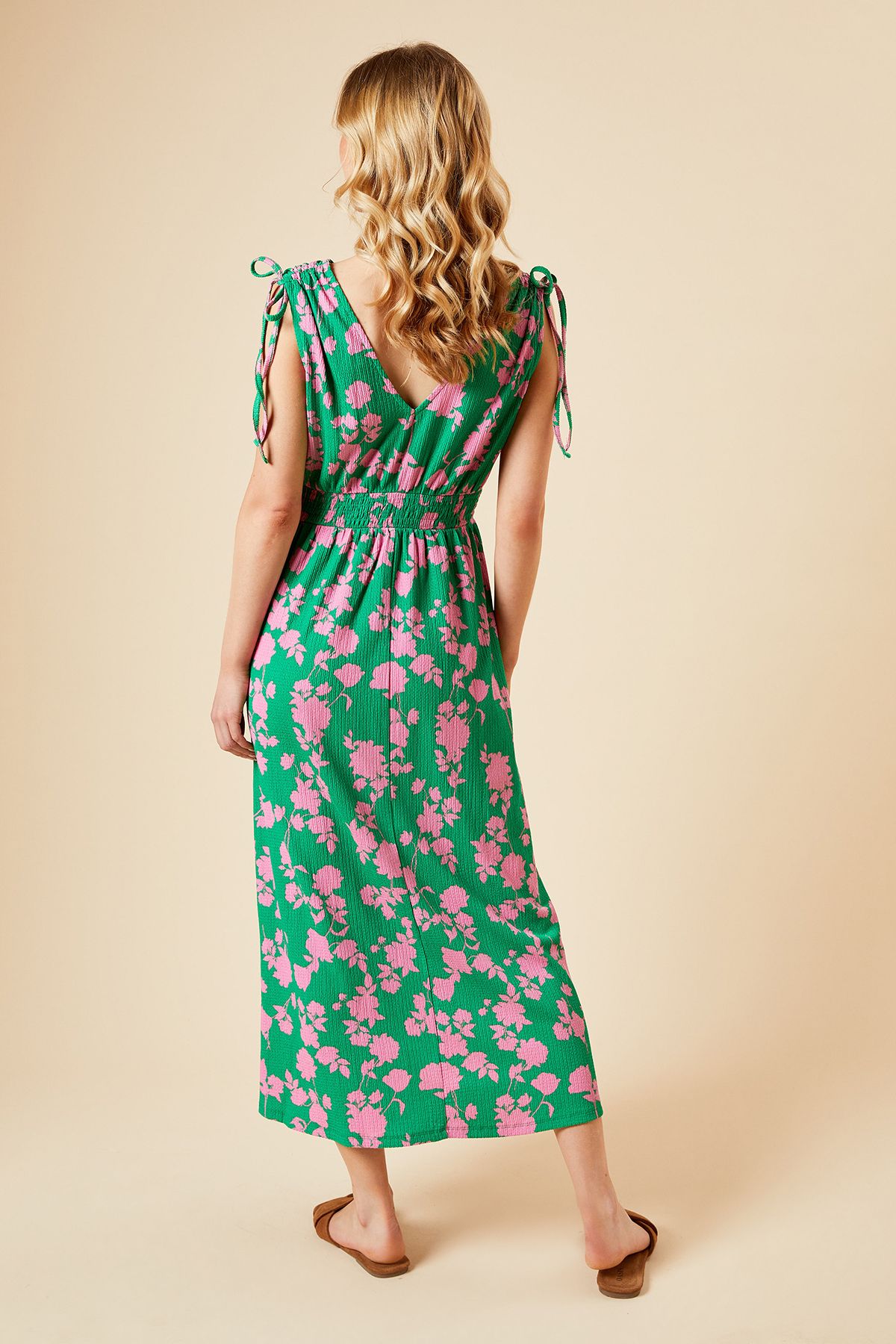 Dorothy Perkins Green Floral Tie Shoulder Shirred Waist Jersey Midi Dress Green image 3