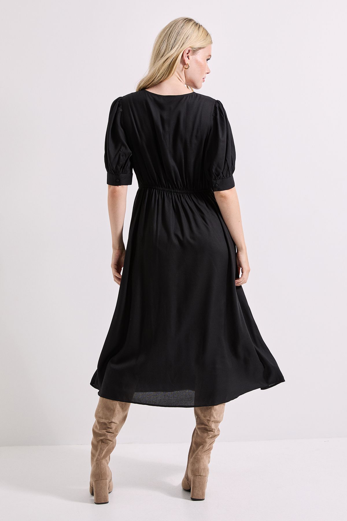 Dorothy Perkins Tie Neck Empire Seam Puff Sleeve Midi Dress Black image 3