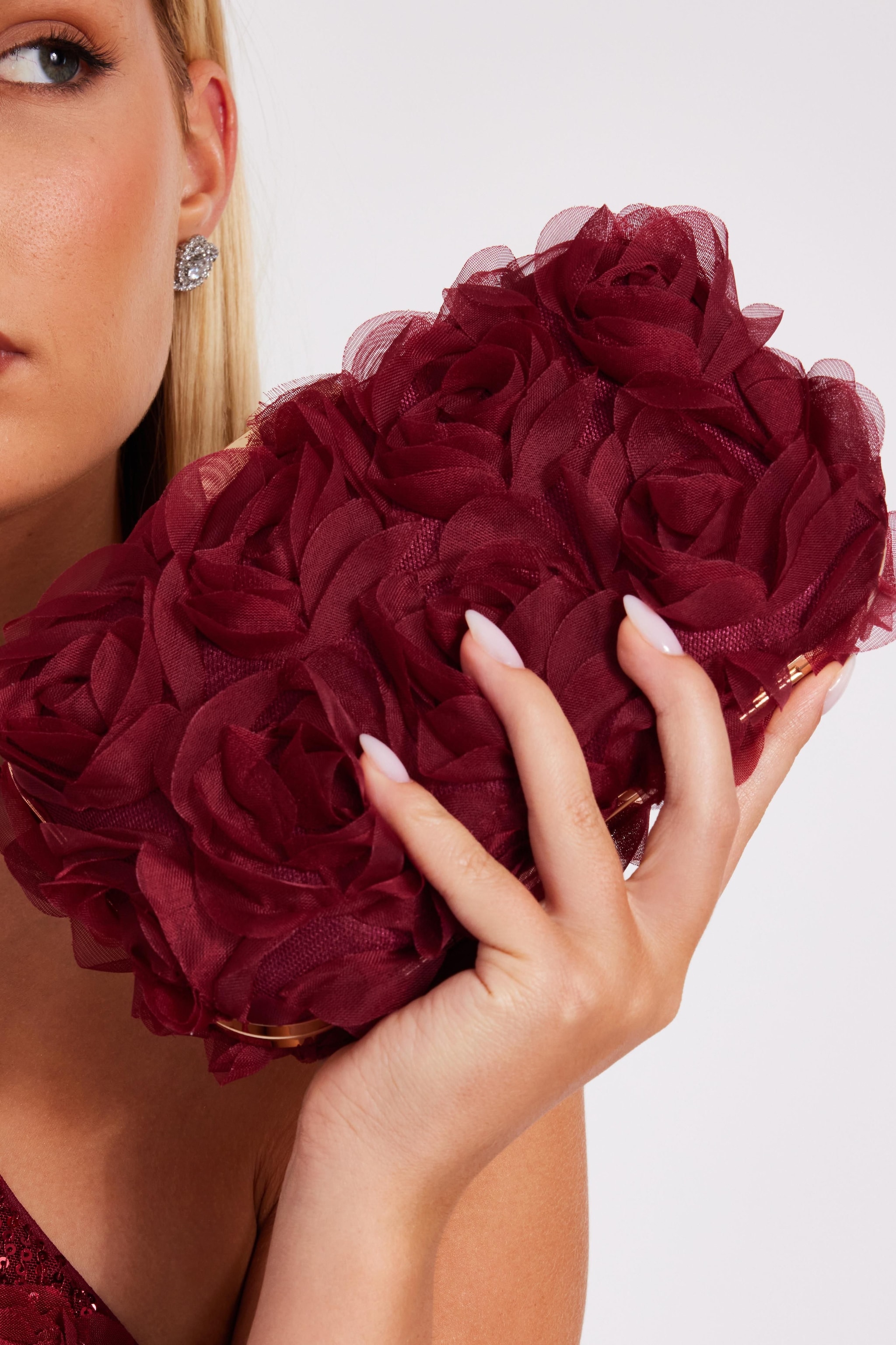 Quiz Burgundy Organza Rose Box Bag image 1