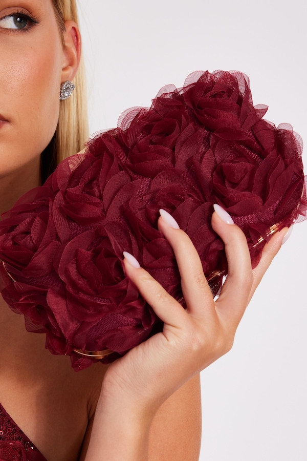 Quiz Burgundy Organza Rose Box Bag