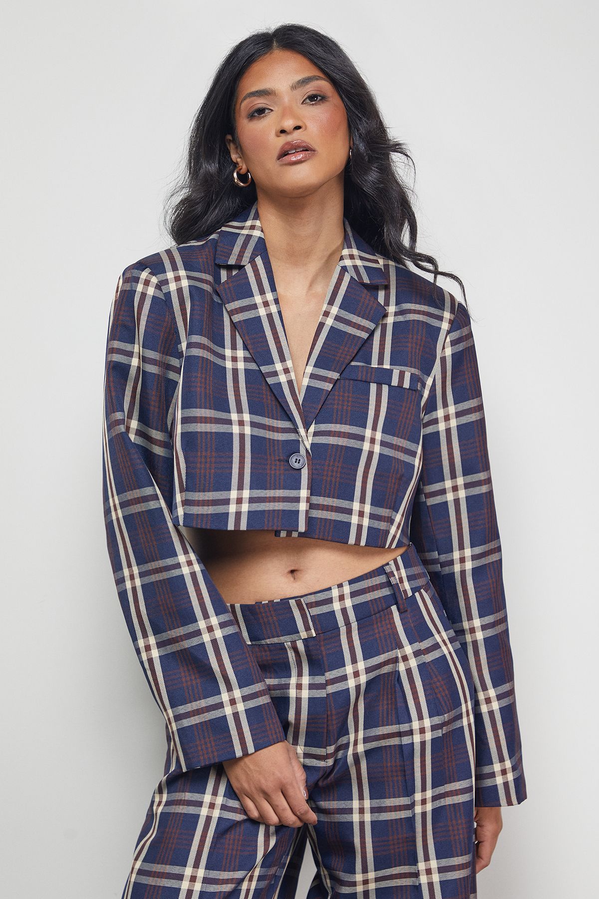 Warehouse Navy Check Cropped Blazer Co-ord Navy image 1