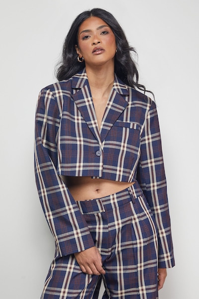 Warehouse Navy Check Cropped Blazer Co-ord Navy