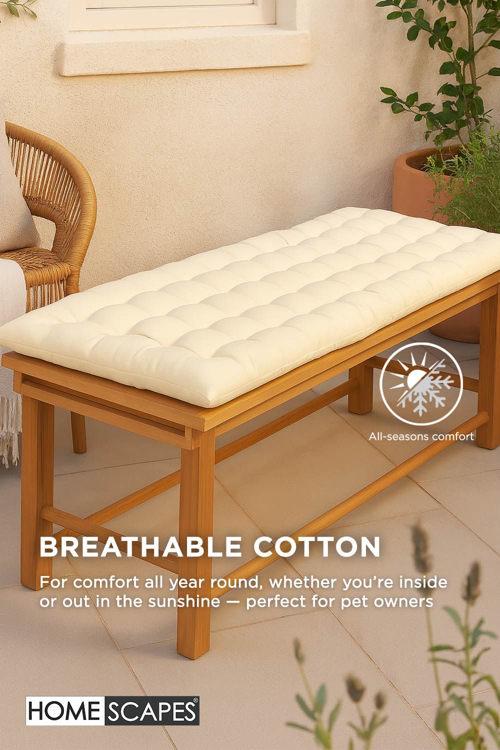 Homescapes Garden Bench Cushion Luxury 2 Seater Cotton Indoor Outdoor Pad, 108 x 42cm image 5