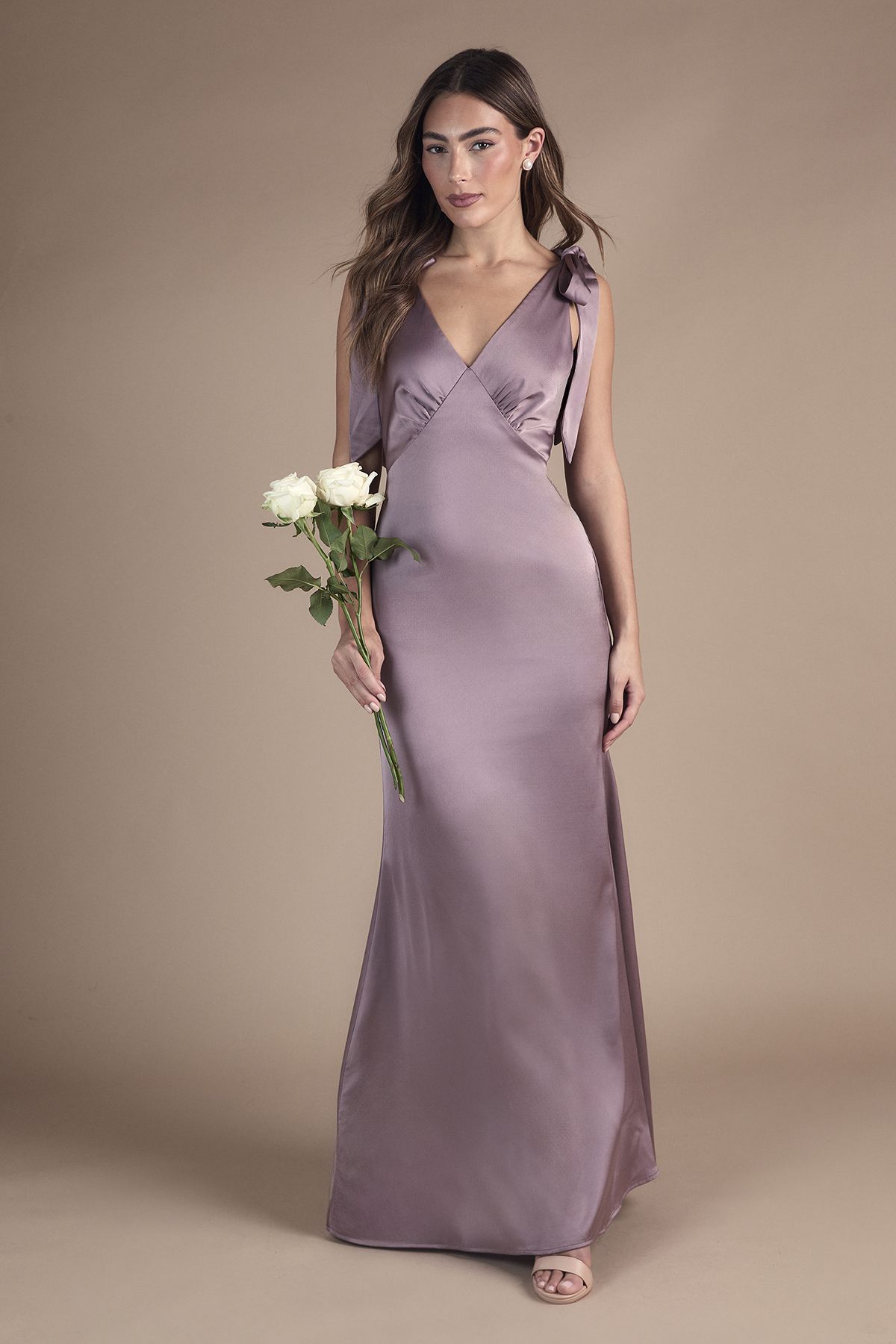 Coast Coast Honoured Satin Back Crepe V Neck Tie Shoulder Maxi Bridesmaid Dress Dusty Mauve image 1