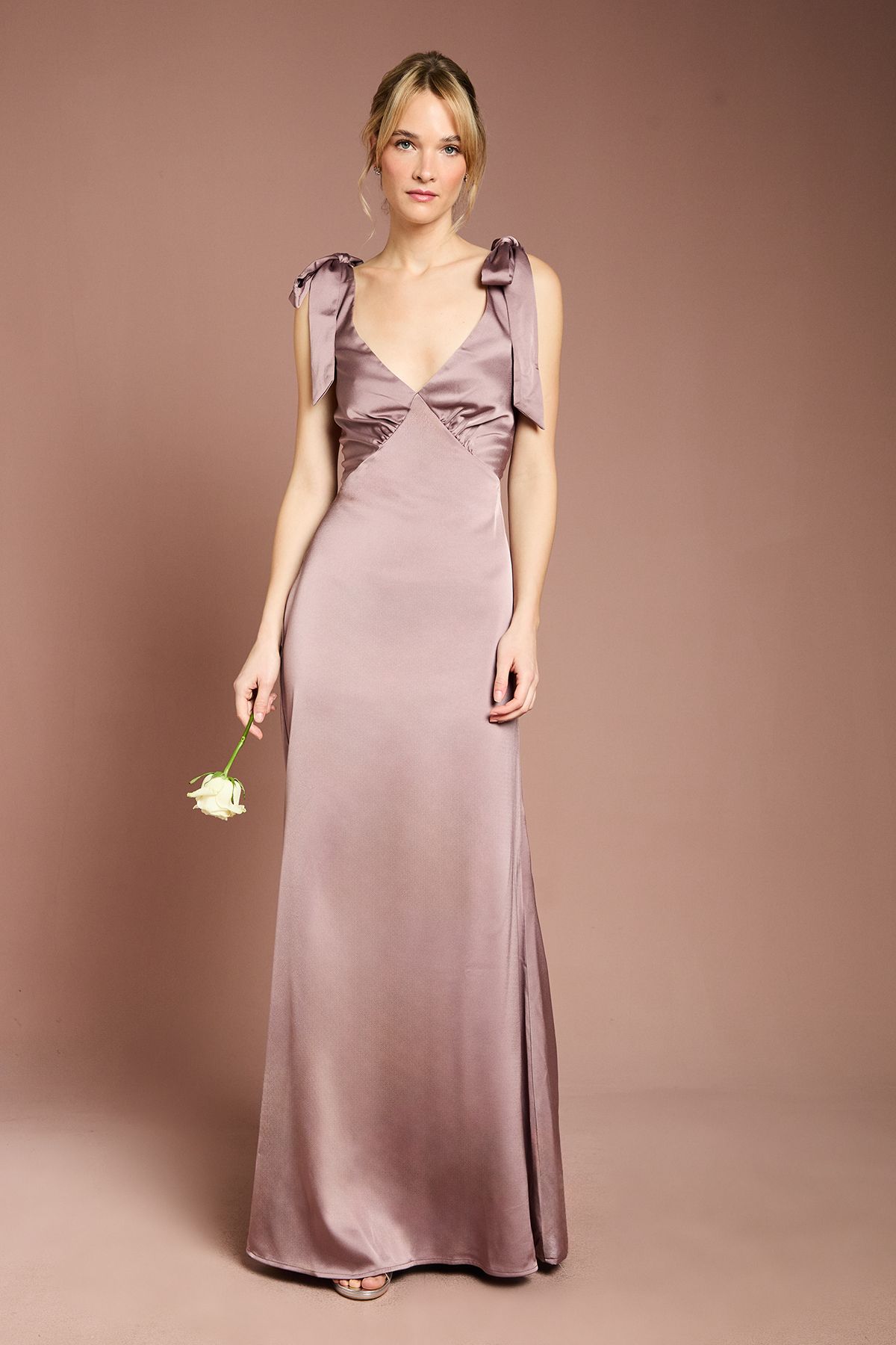 Coast Coast Honoured Satin Back Crepe V Neck Tie Shoulder Maxi Bridesmaid Dress Dusty Mauve