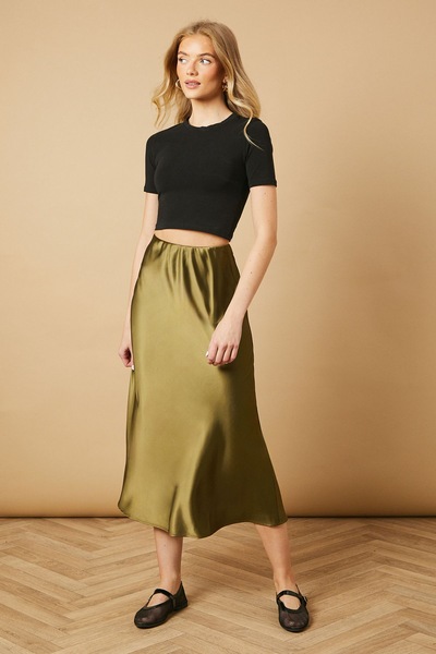 Oasis Bias Cut Satin Midi Skirt Khaki