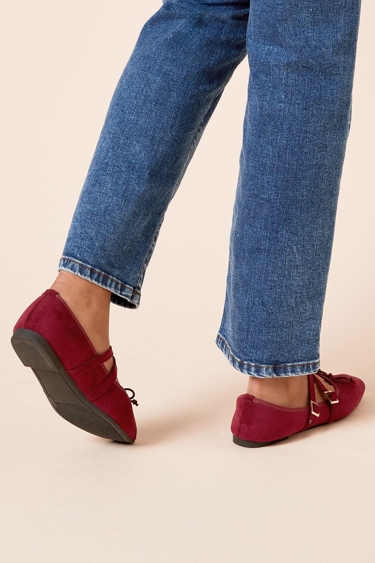 Dorothy Perkins Margaret Faux Suede Cross Strap Mary Jane Flat Ballet Pumps Burgundy image 4
