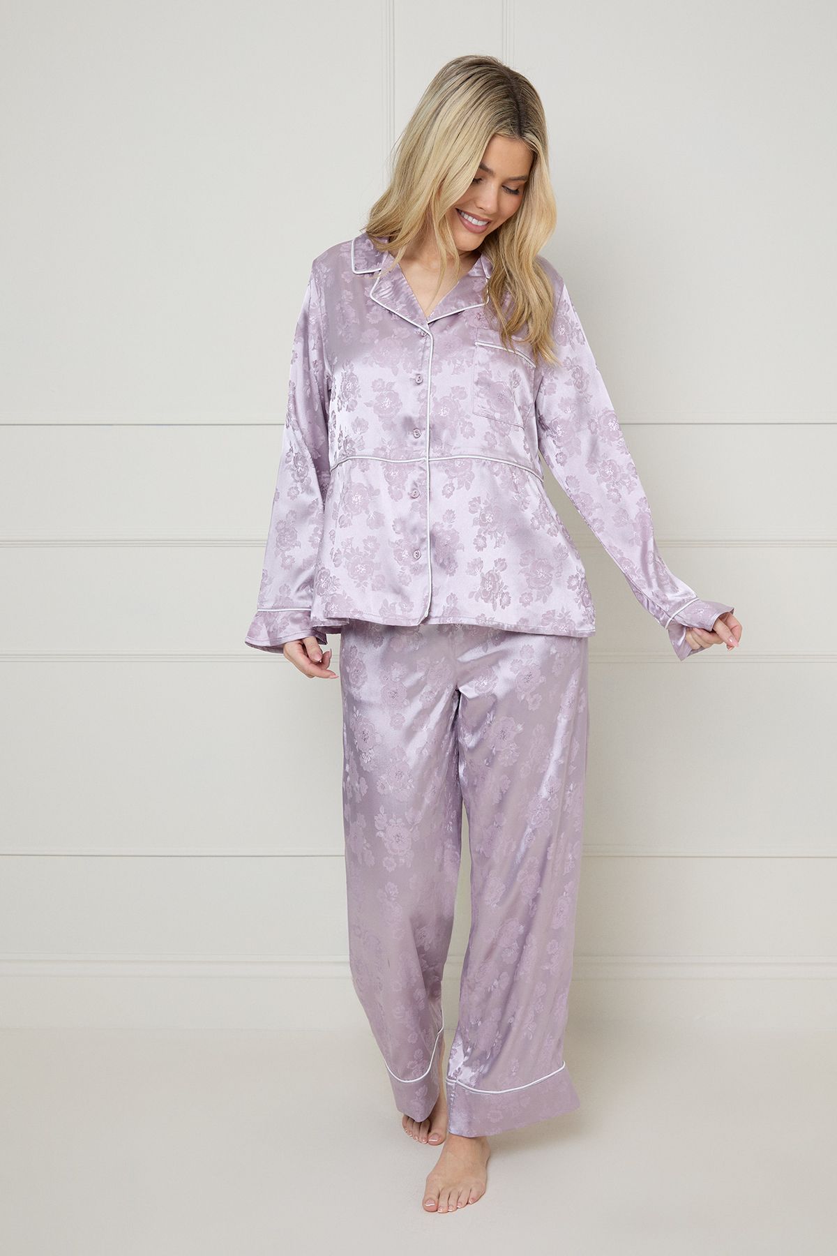 Oasis Jacquard Satin Relaxed Wide Fit Pyjama Set Mauve