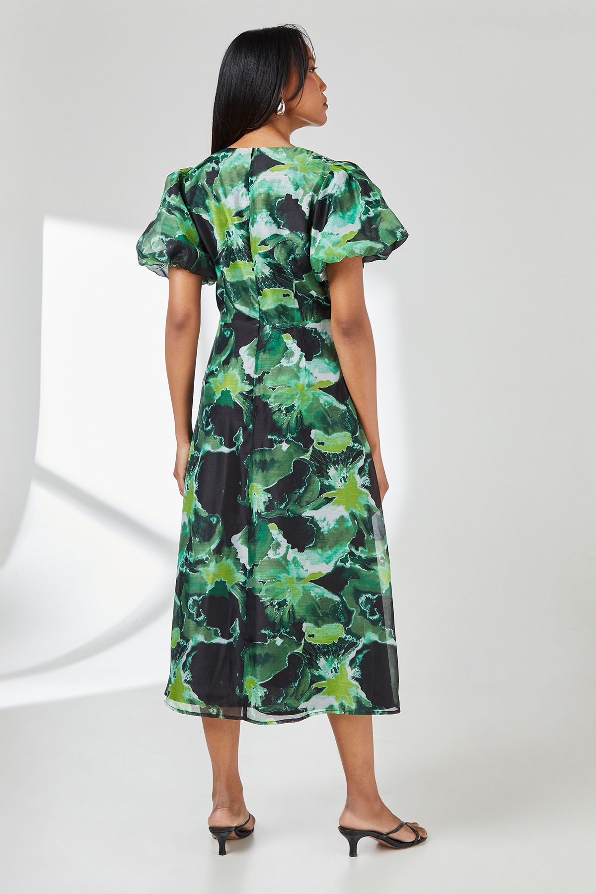 Principles Green Floral Print Puff Sleeve Organza Midi Dress Green image 3