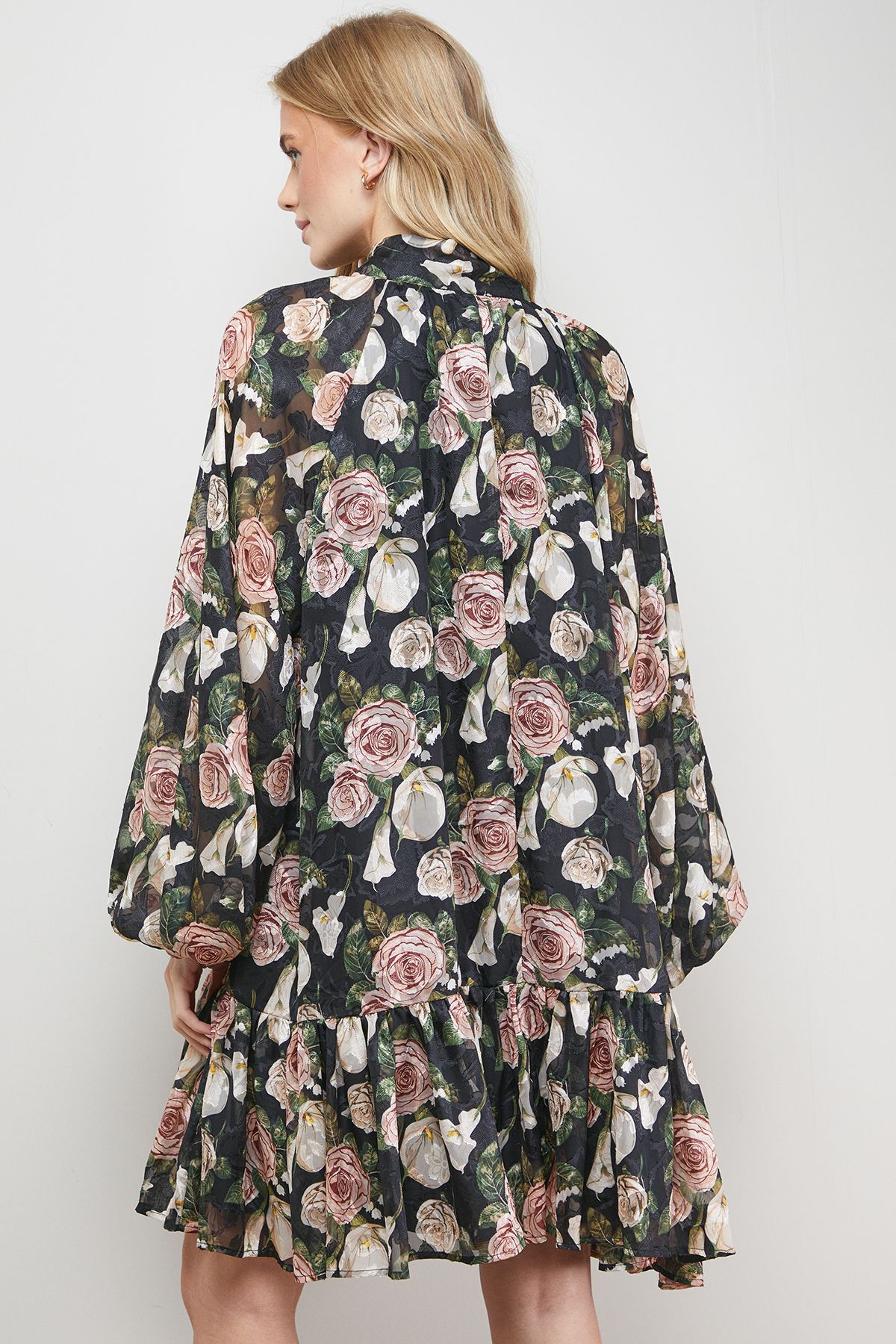 Oasis Rose Print Tie Neck Balloon Sleeve Mini Smock Dress Floral image 3
