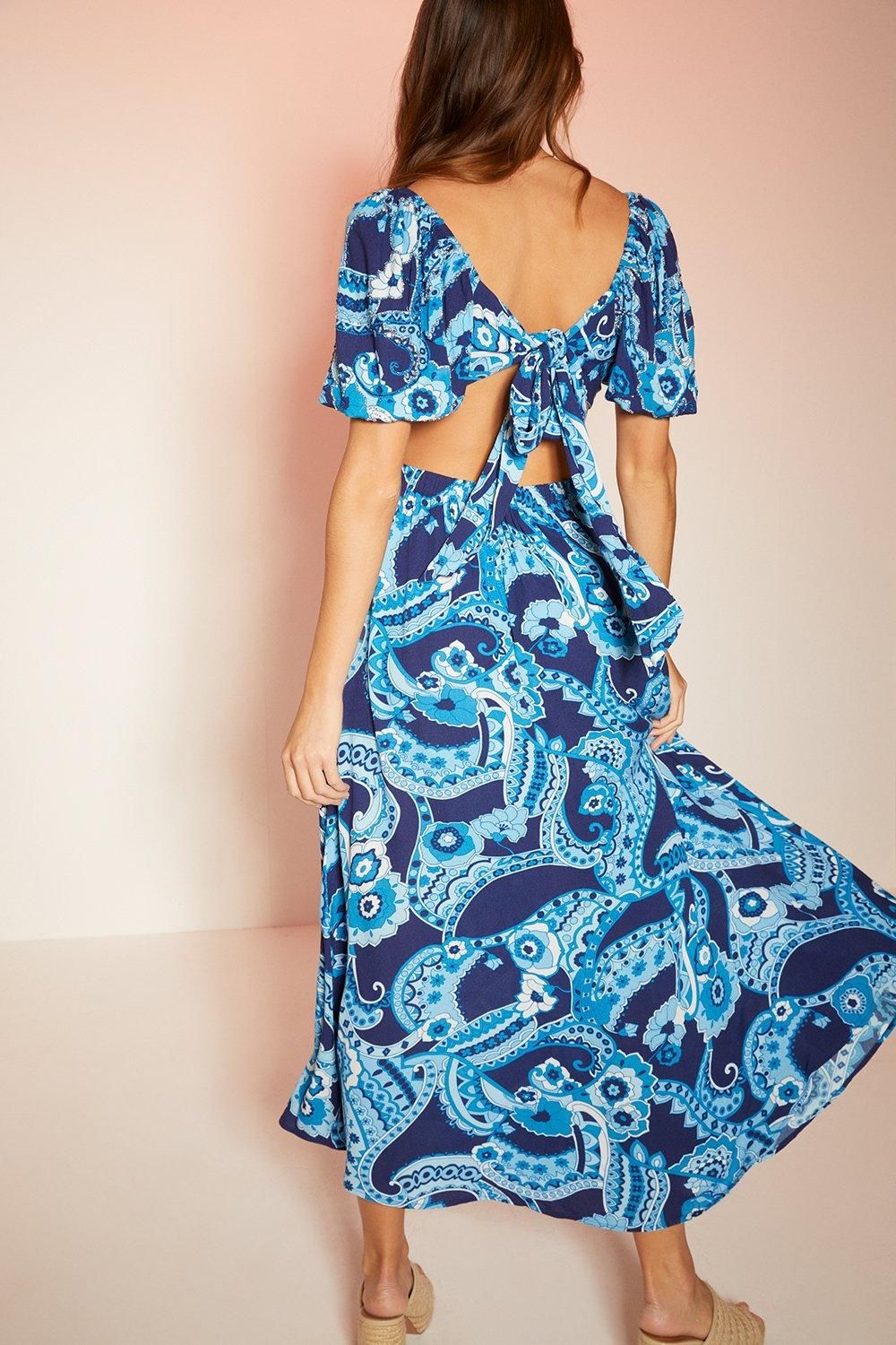 Oasis Embellished Paisley Floral Cut Out Midi Dress Blue image 3