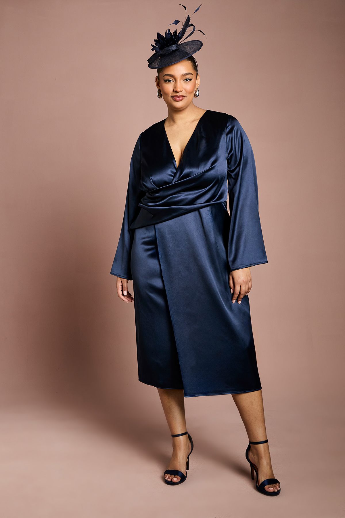 Coast Plus Satin Wrap Front Dress With Flare Sleeve Navy image 1