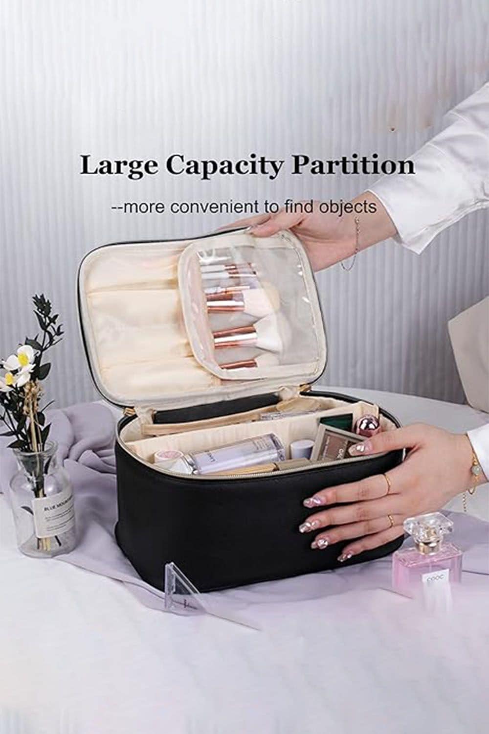 SHEONLY Double Zipper Travel Makeup Bag Travel Portable Cosmetic Bag With Handle and Divider for Women Girls image 2