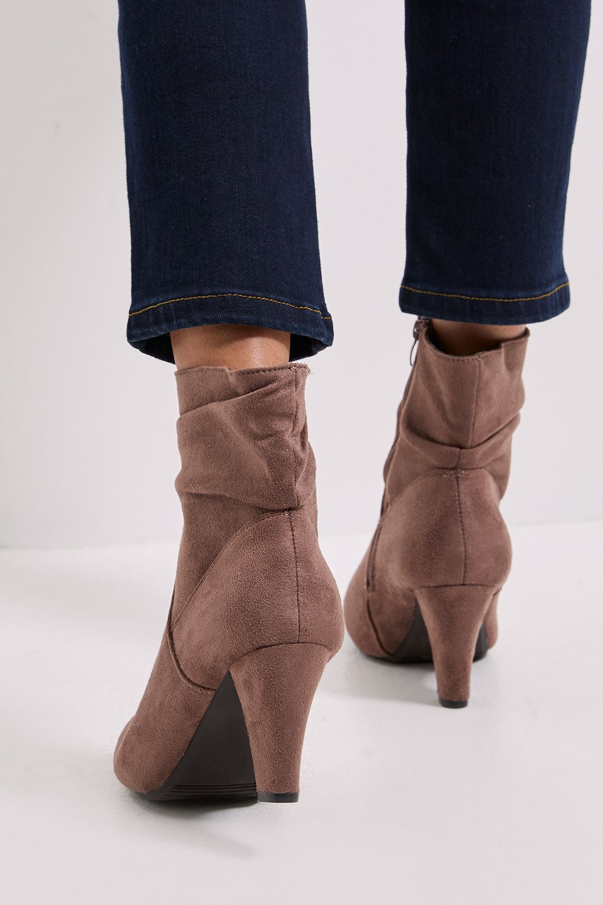 Dorothy Perkins Wide Fit Ally Faux Suede Ruched High Heeled Ankle Boots Taupe image 4