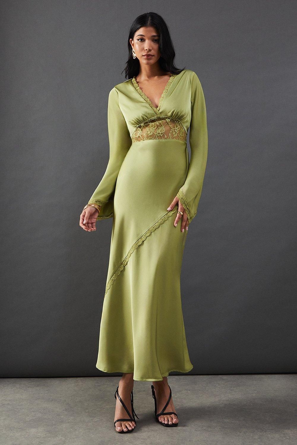 Warehouse Satin Lace Insert Flute Sleeve Midi Dress Olive image 1