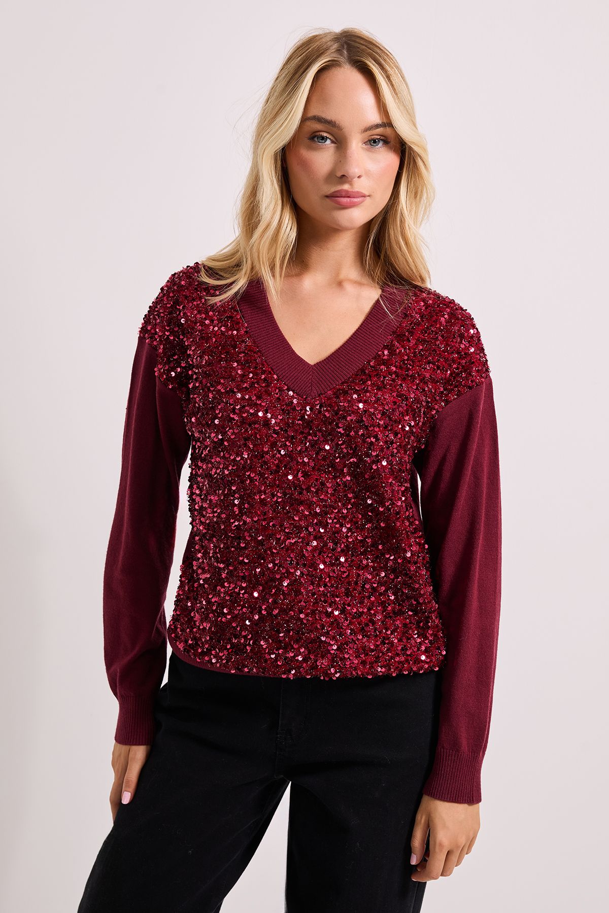 Dorothy Perkins Knitted Sequin Cricket Jumper Berry image 1