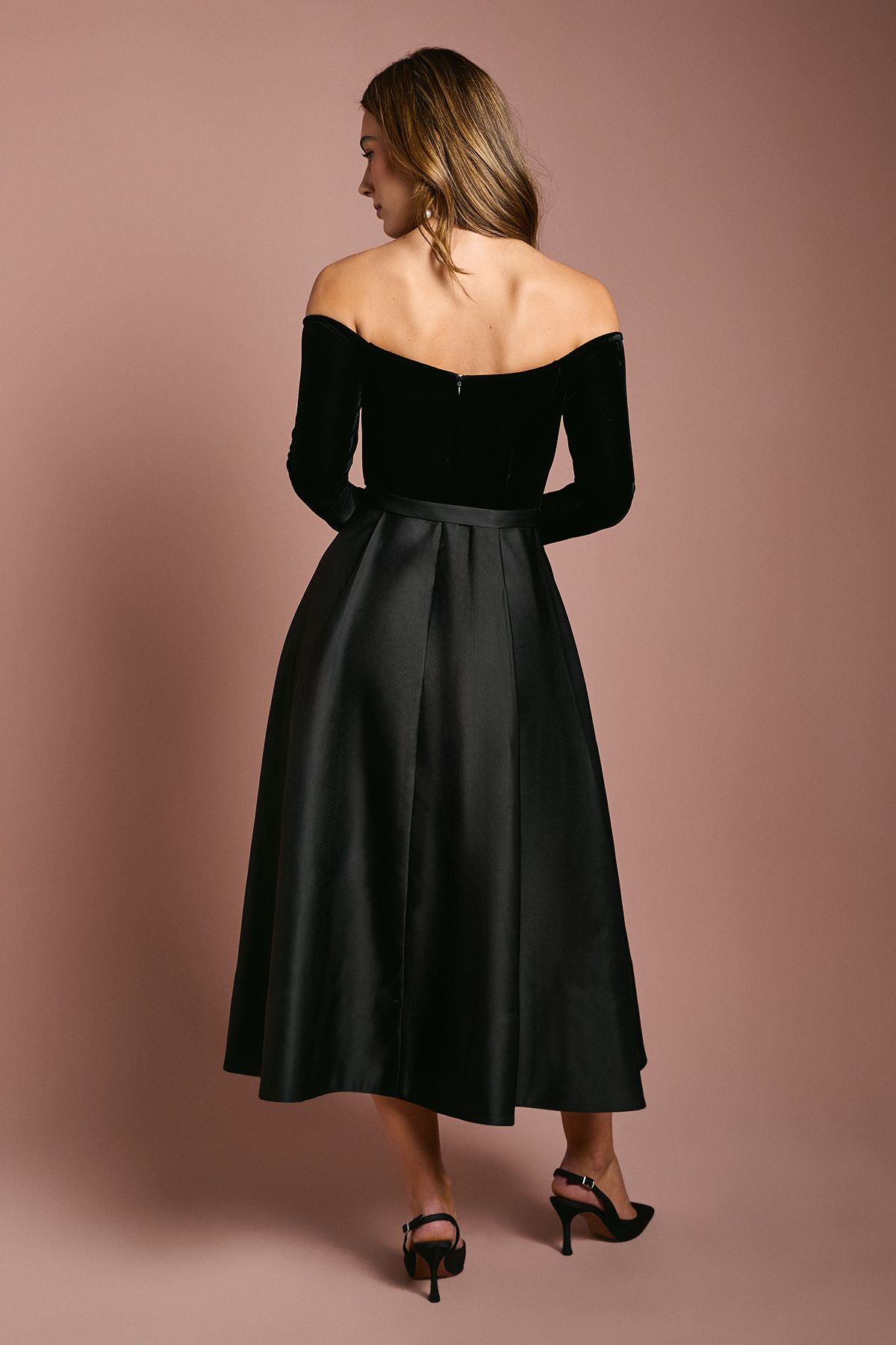 Coast Long Sleeve Bardot Full Skirted Midi Dress Black image 4