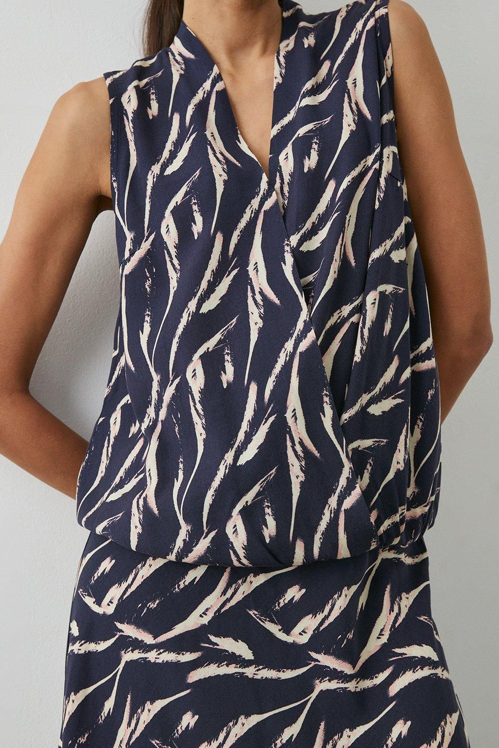Principles Navy Feather Print Sleeveless Gather Detail Wrap Top Navy image 1