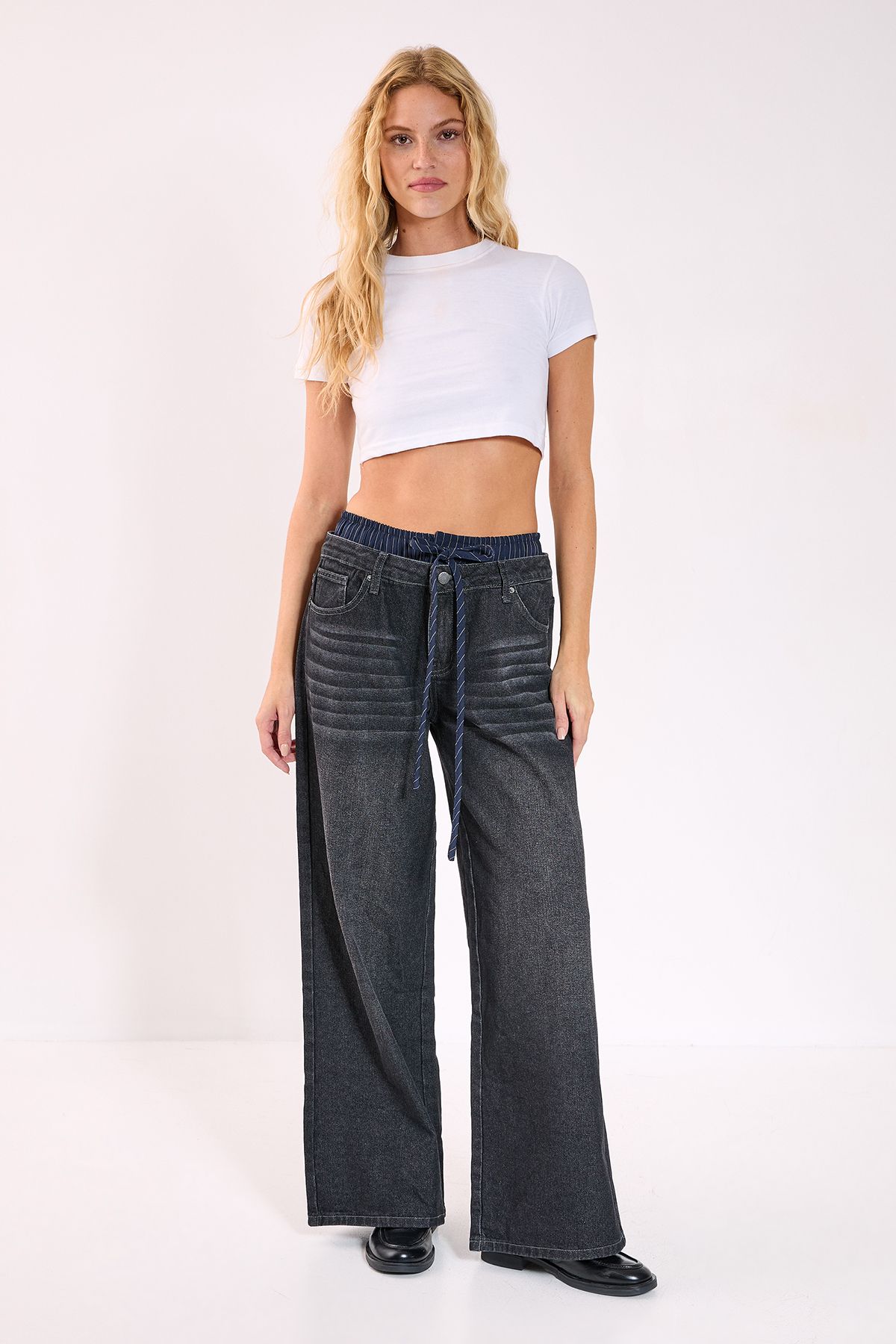 NastyGal Stone Wash Boxer Stripe Waistband Wide Leg Jeans Dark Grey