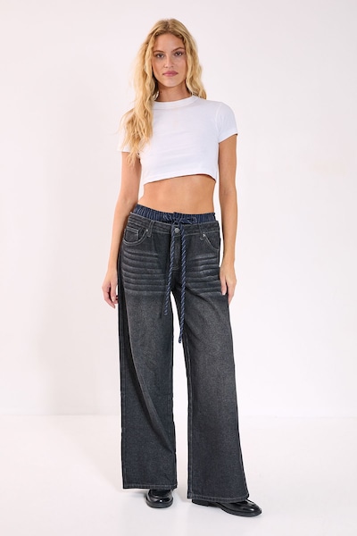 NastyGal Stone Wash Boxer Stripe Waistband Wide Leg Jeans Dark Grey