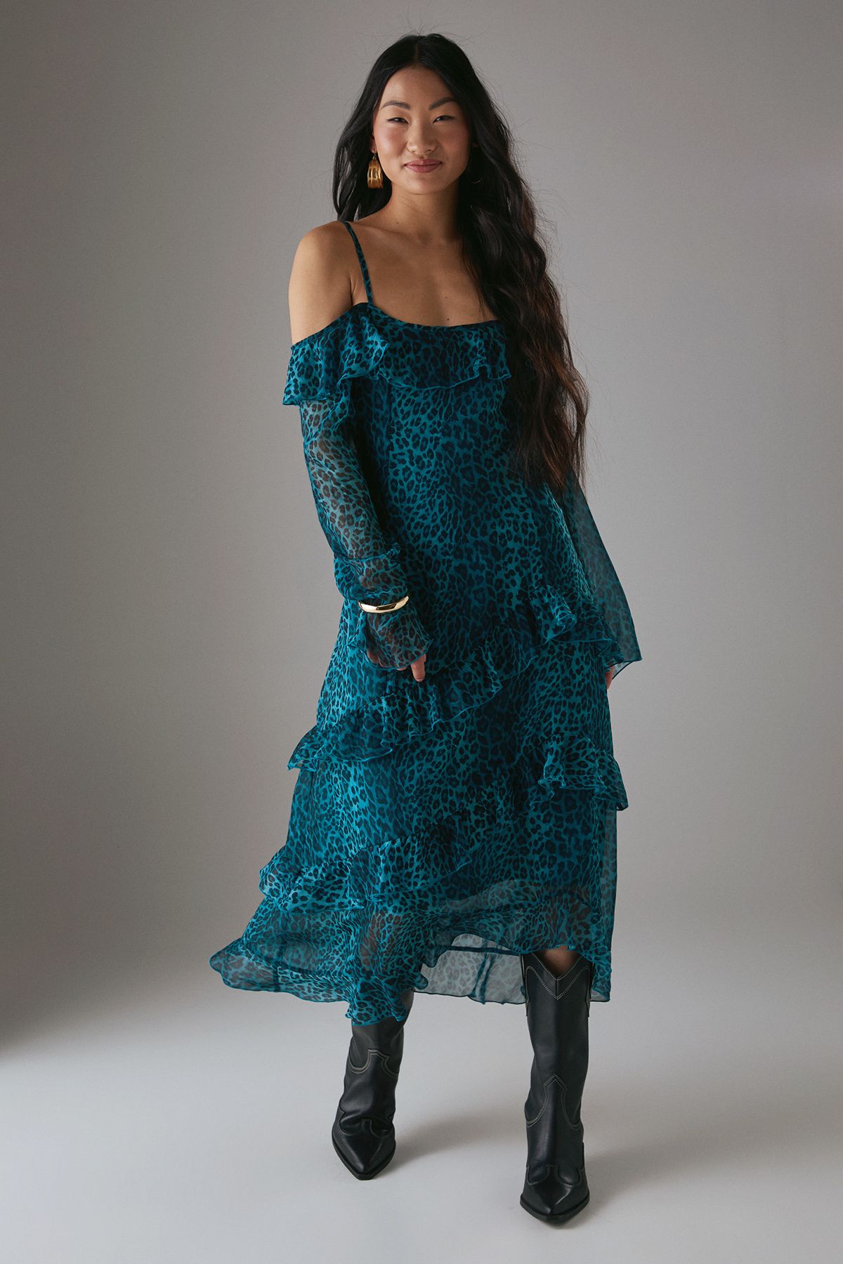 Warehouse Petite Chiffon Ruffle Cold Shoulder Midi Dress Leopard