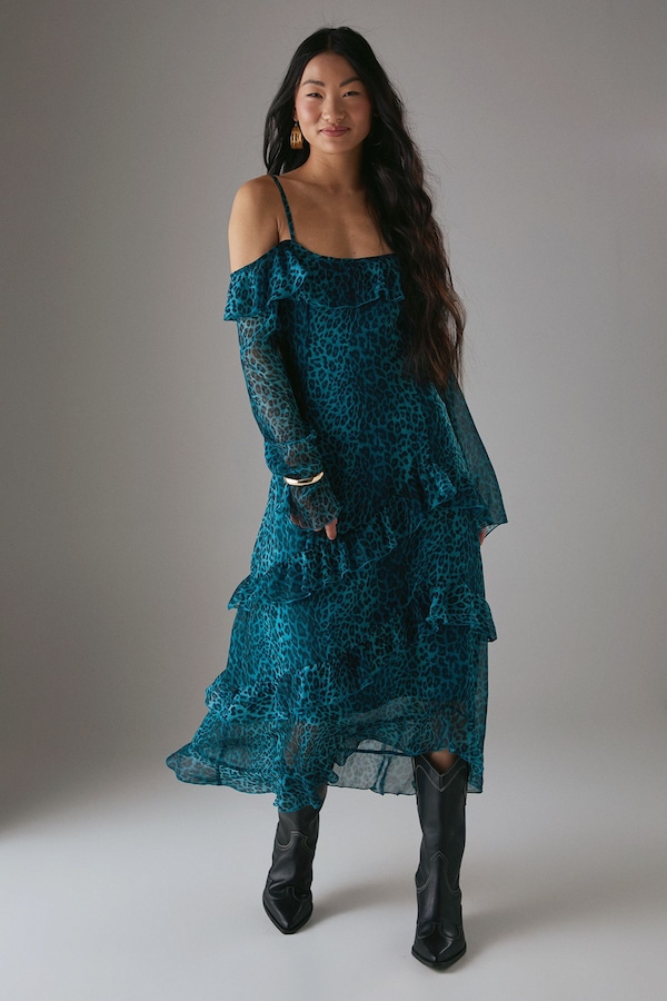 Warehouse Petite Chiffon Ruffle Cold Shoulder Midi Dress Leopard