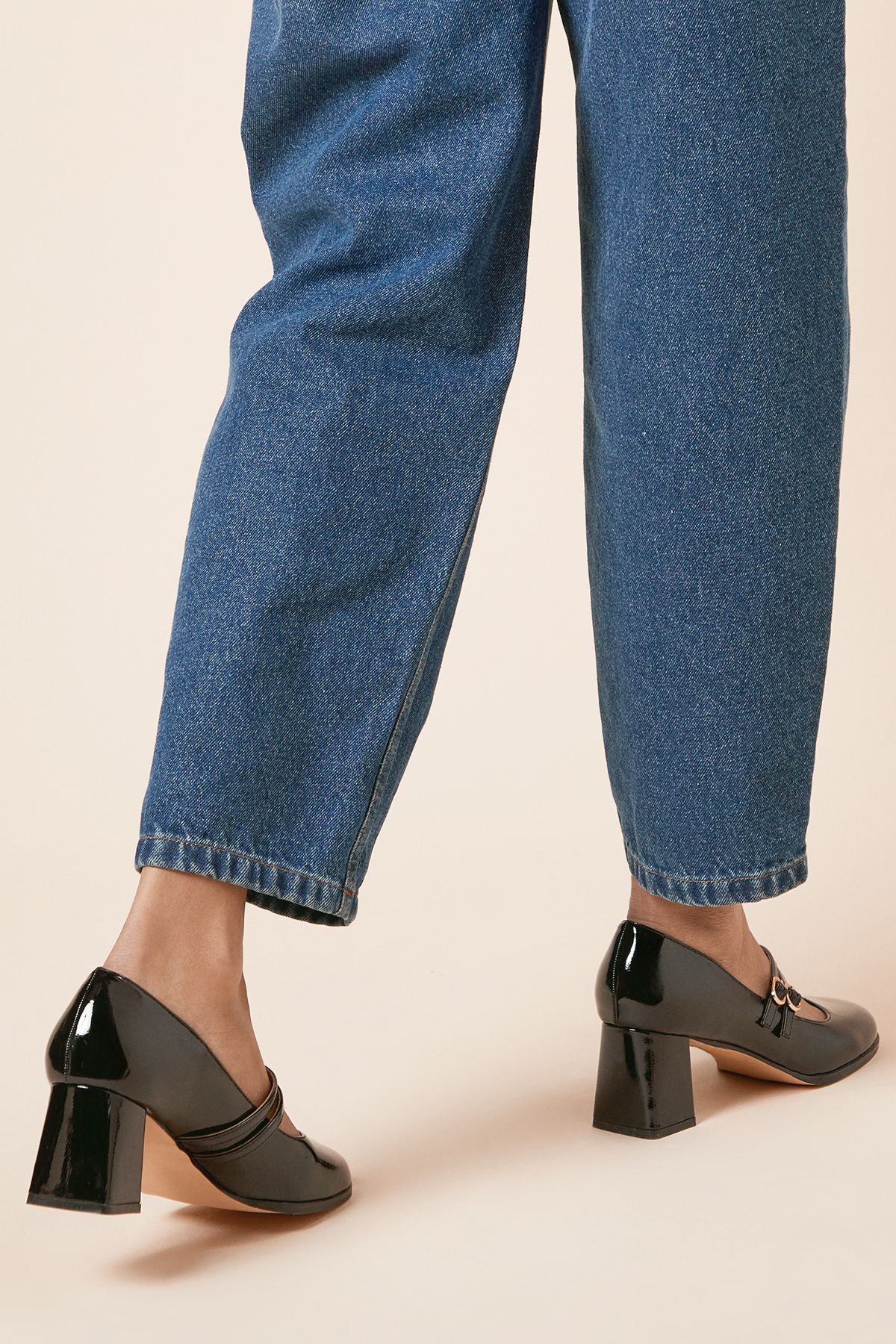 Oasis Catalina Patent Double Mary Jane High Block Heeled Shoes True Black image 4